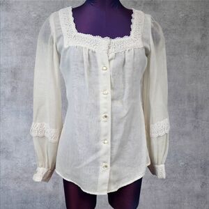 Vintage Malbe White‎ Gauzy Square Neck Button Front Peasant Top Size Medium F90